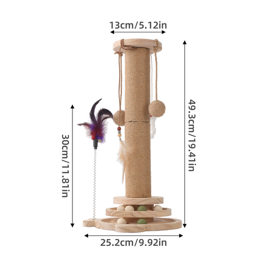 Cat Scratching Post, 4 in 1 Wooden Cat Scratcher Toy, 17.7" Tall Scratch Post with 2 Level Cat Track Balls, Interactive Feather Toy and 2 Sisal Hanging Balls for Indoor Kittens, Adult Cats