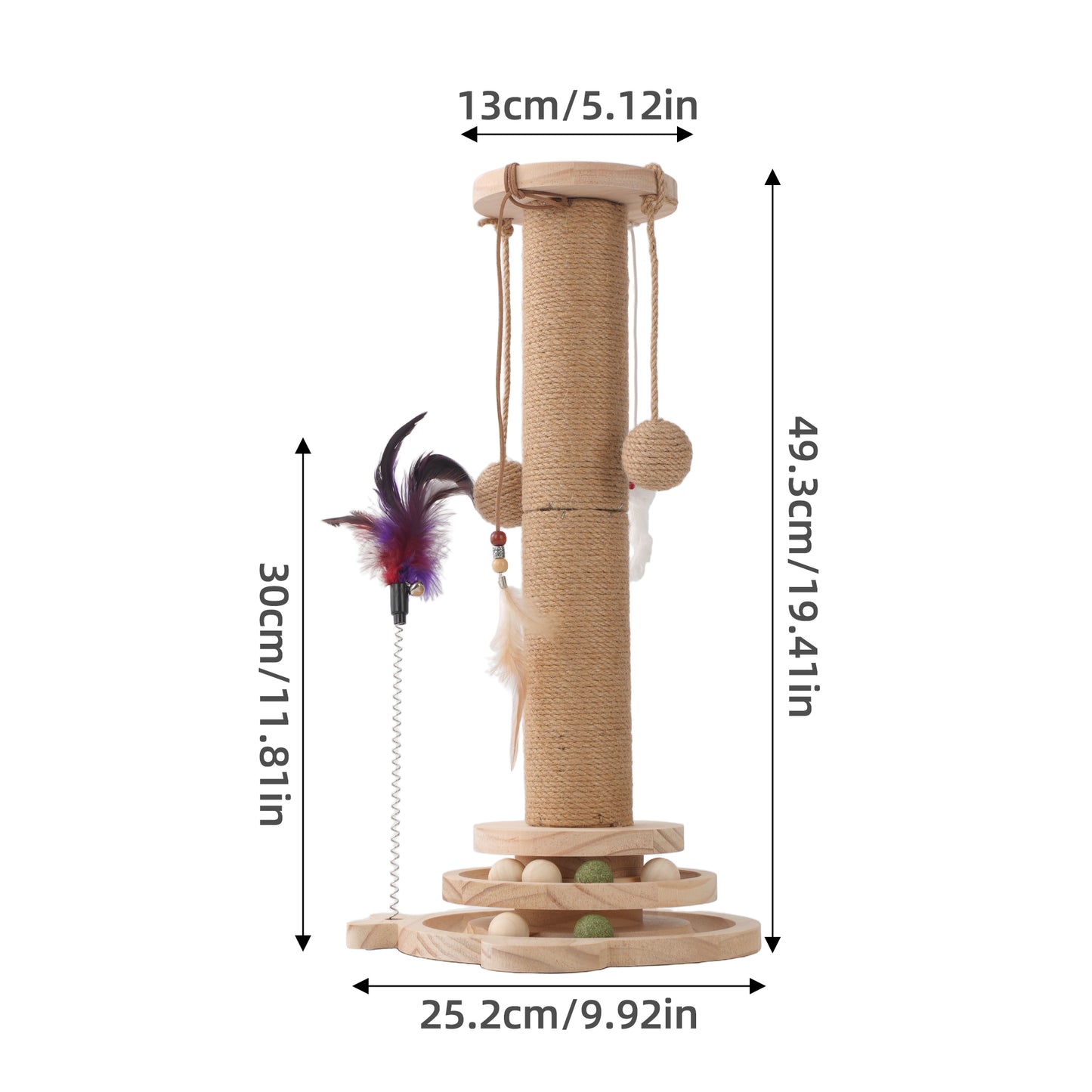 Cat Scratching Post, 4 in 1 Wooden Cat Scratcher Toy, 17.7" Tall Scratch Post with 2 Level Cat Track Balls, Interactive Feather Toy and 2 Sisal Hanging Balls for Indoor Kittens, Adult Cats