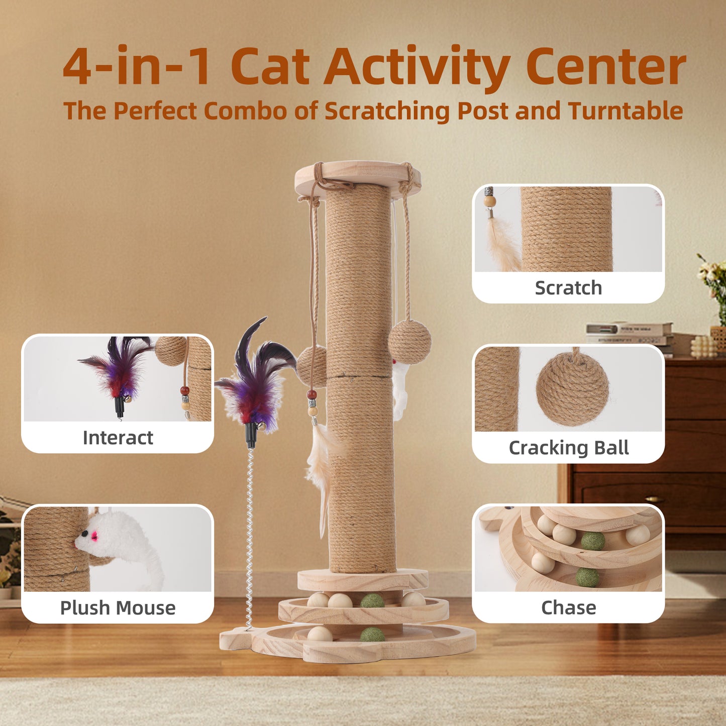 Cat Scratching Post, 4 in 1 Wooden Cat Scratcher Toy, 17.7" Tall Scratch Post with 2 Level Cat Track Balls, Interactive Feather Toy and 2 Sisal Hanging Balls for Indoor Kittens, Adult Cats