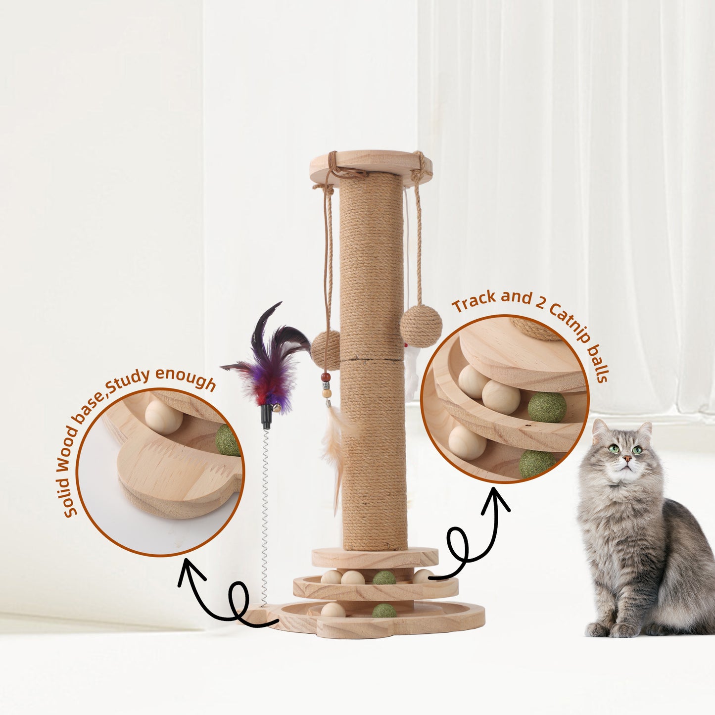 Cat Scratching Post, 4 in 1 Wooden Cat Scratcher Toy, 17.7" Tall Scratch Post with 2 Level Cat Track Balls, Interactive Feather Toy and 2 Sisal Hanging Balls for Indoor Kittens, Adult Cats
