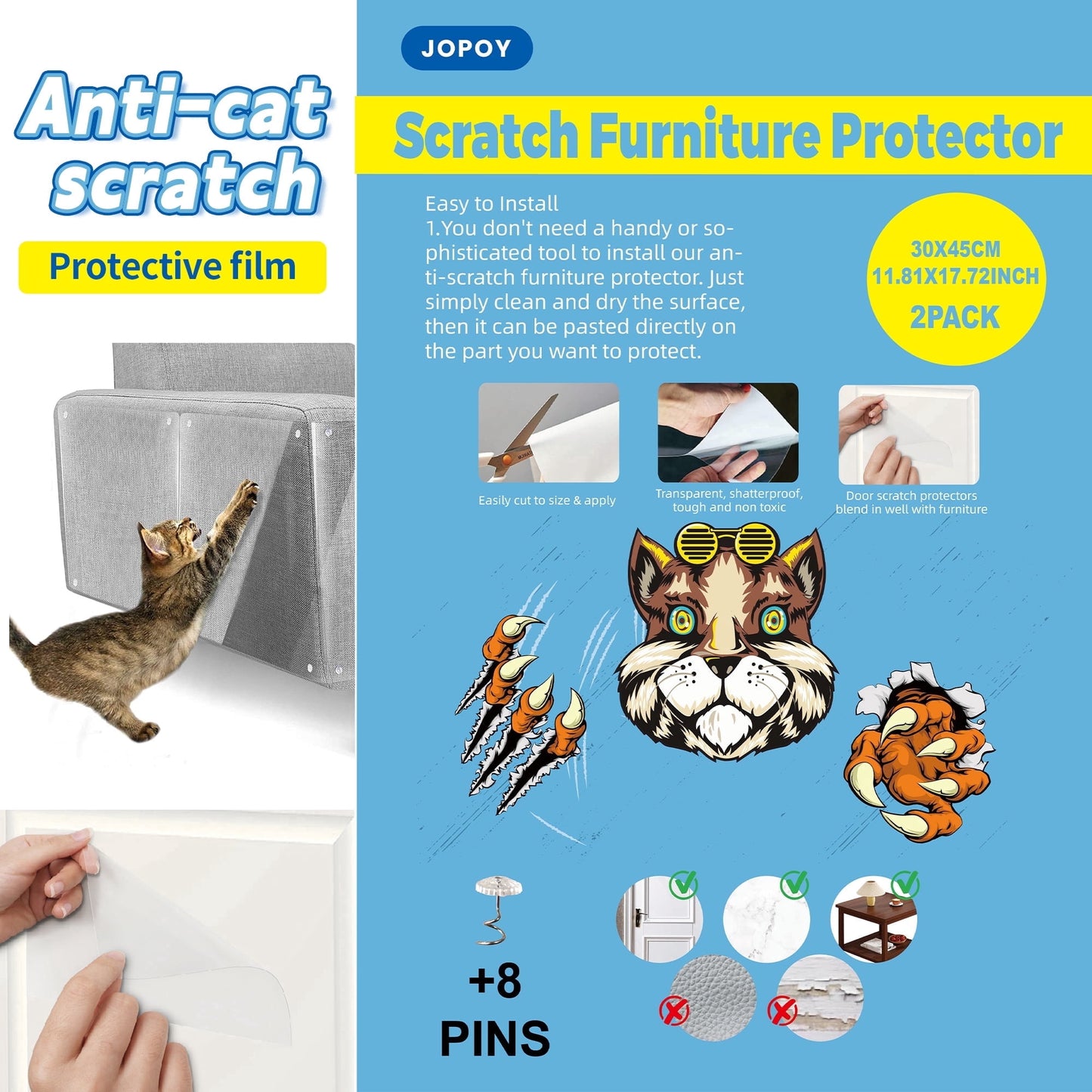 Anti Cat Scratch Furniture Protector, 8-Pack Couch Protector from Cat Claws - Heavy-Duty, Easy-to-Apply Scratching Deterrent and Shield for Sofa Corners, Walls, Doors