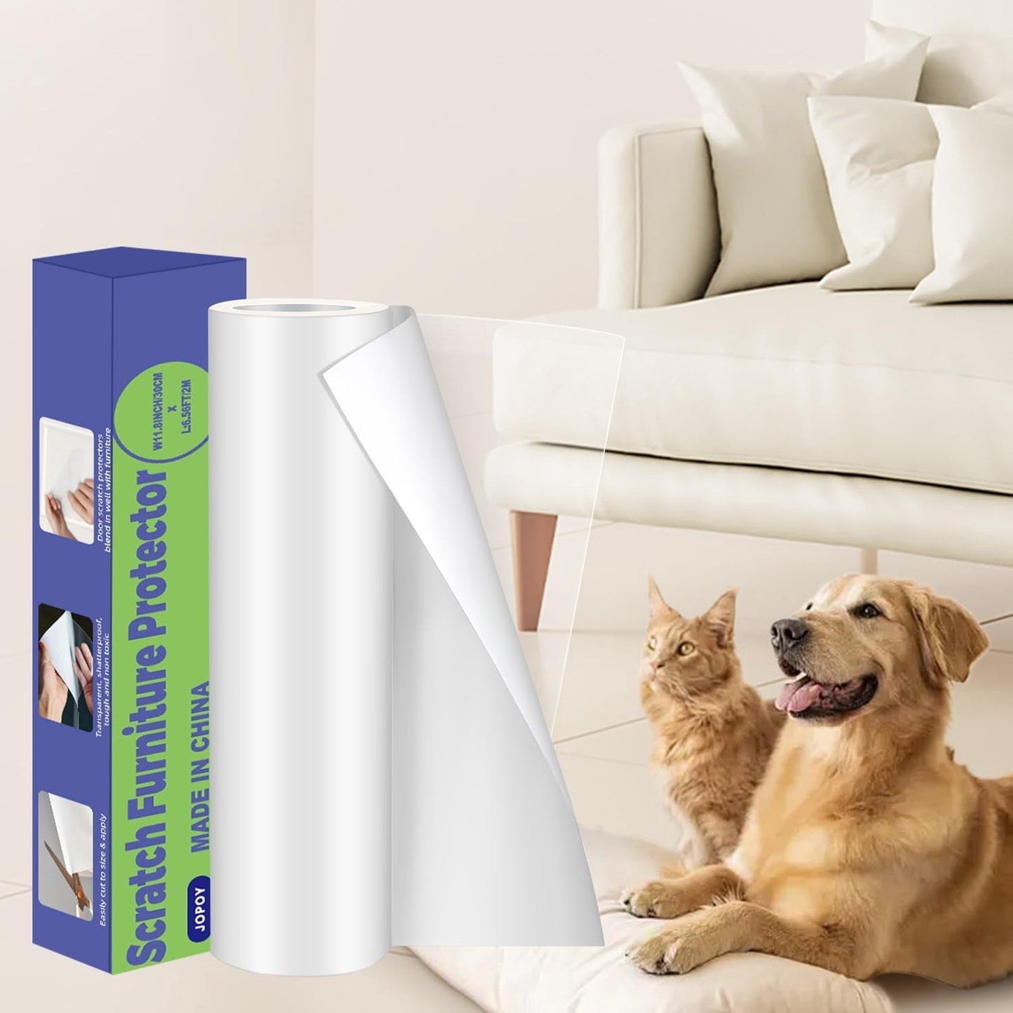 JOPOY Cat Scratch Furniture Protector: Cat Anti Scratch Tape - Door Protector from Dog Scratching Transparent, 17.72" x 9.8FT